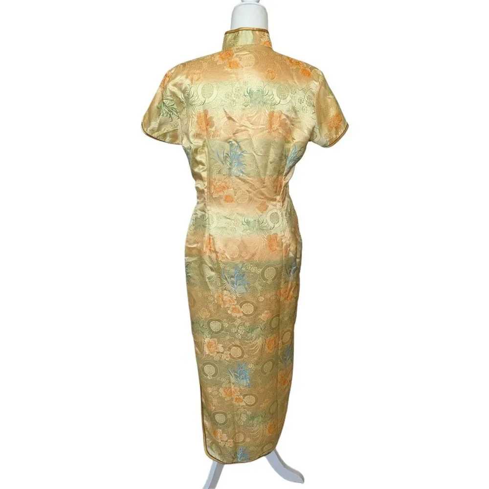 Visifushi XXXL Womens Gold Yellow Floral Chinese Cheongsam Maxi Dress Size 44